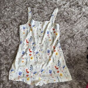 SHEIN Women’s L Floral Button-Front Belted Cream & Multi-Color Sundress Romper